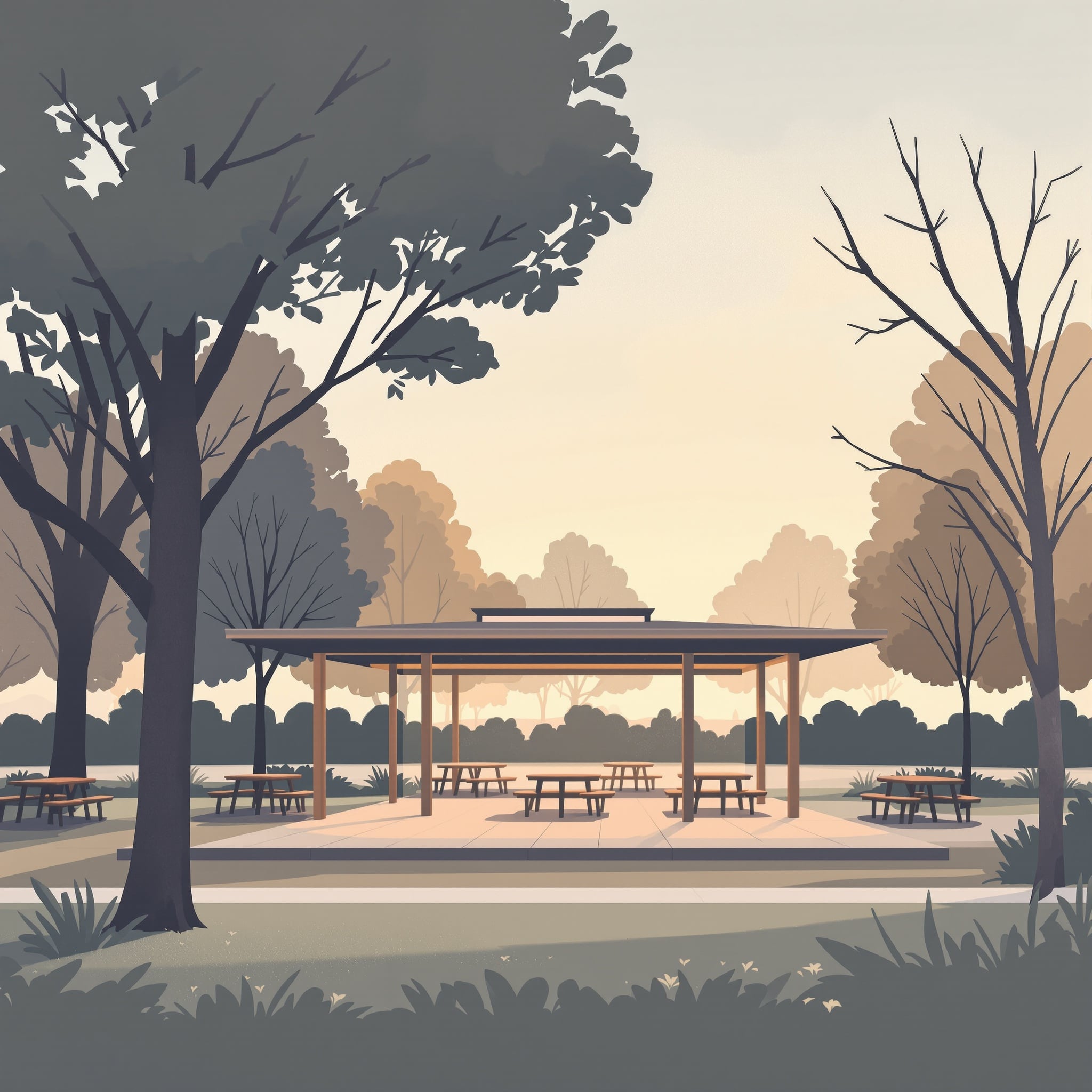 Community pavilion with picnic tables surrounded by trees at warm evening glow