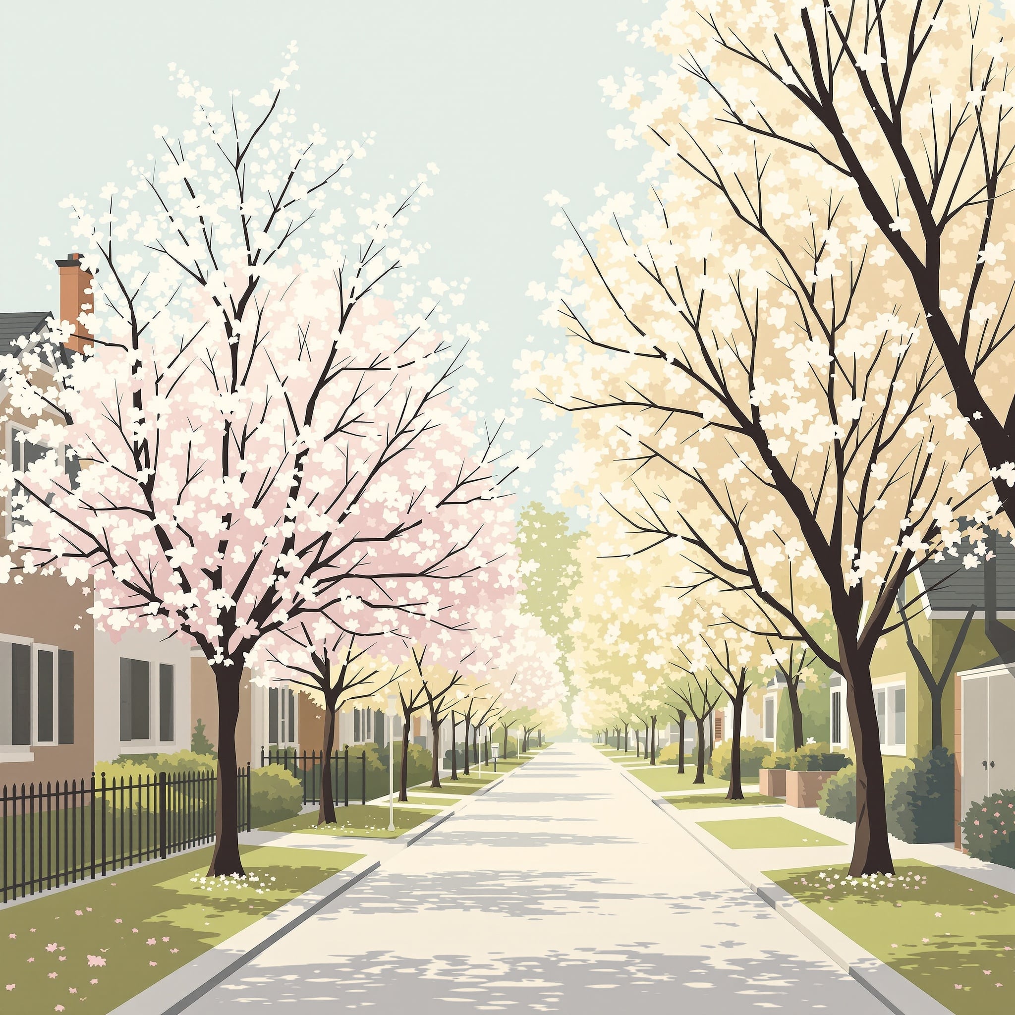 Tree-lined neighborhood with flowering pear and linden trees in soft sunlight