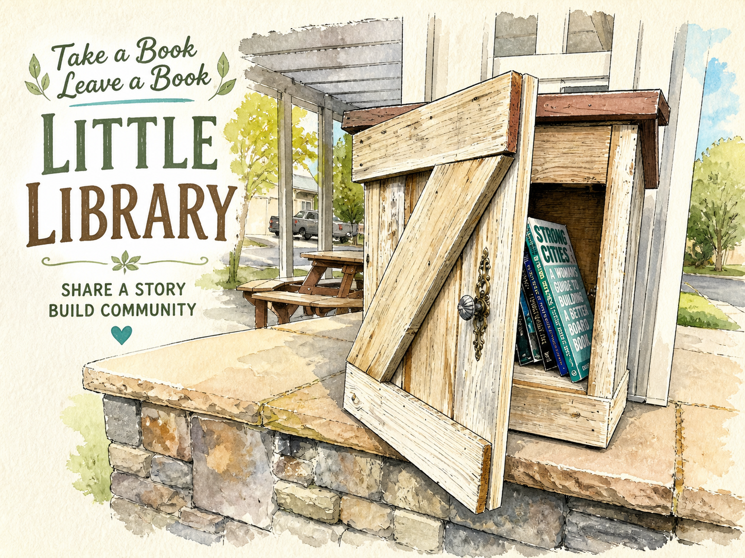 Watercolor illustration of the Winchester Overlook Little Library at the community pavilion — a rustic wooden box with books inside, with the words Take a Book, Leave a Book